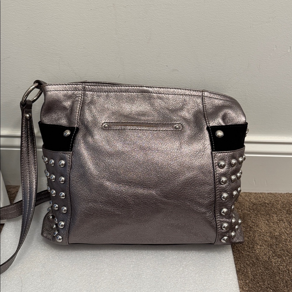 B.Makowsky Studded Metallic Leather Handbag - Picture 3 of 12
